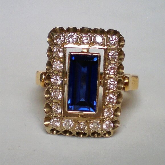 Vintage Russian USSR 18K 750 Yellow White Gold Sapphire Diamond Cluster Ring - Picture 3 of 13